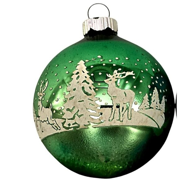 2 VTG Shiny Brite Deer Christmas Tree Ornament Stencil Green Blue Glass Snow MCM - Picture 7 of 14